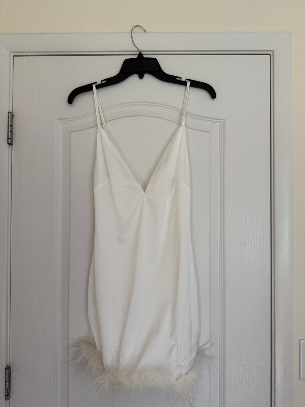 White Feather Trim Satin Mini Dress
